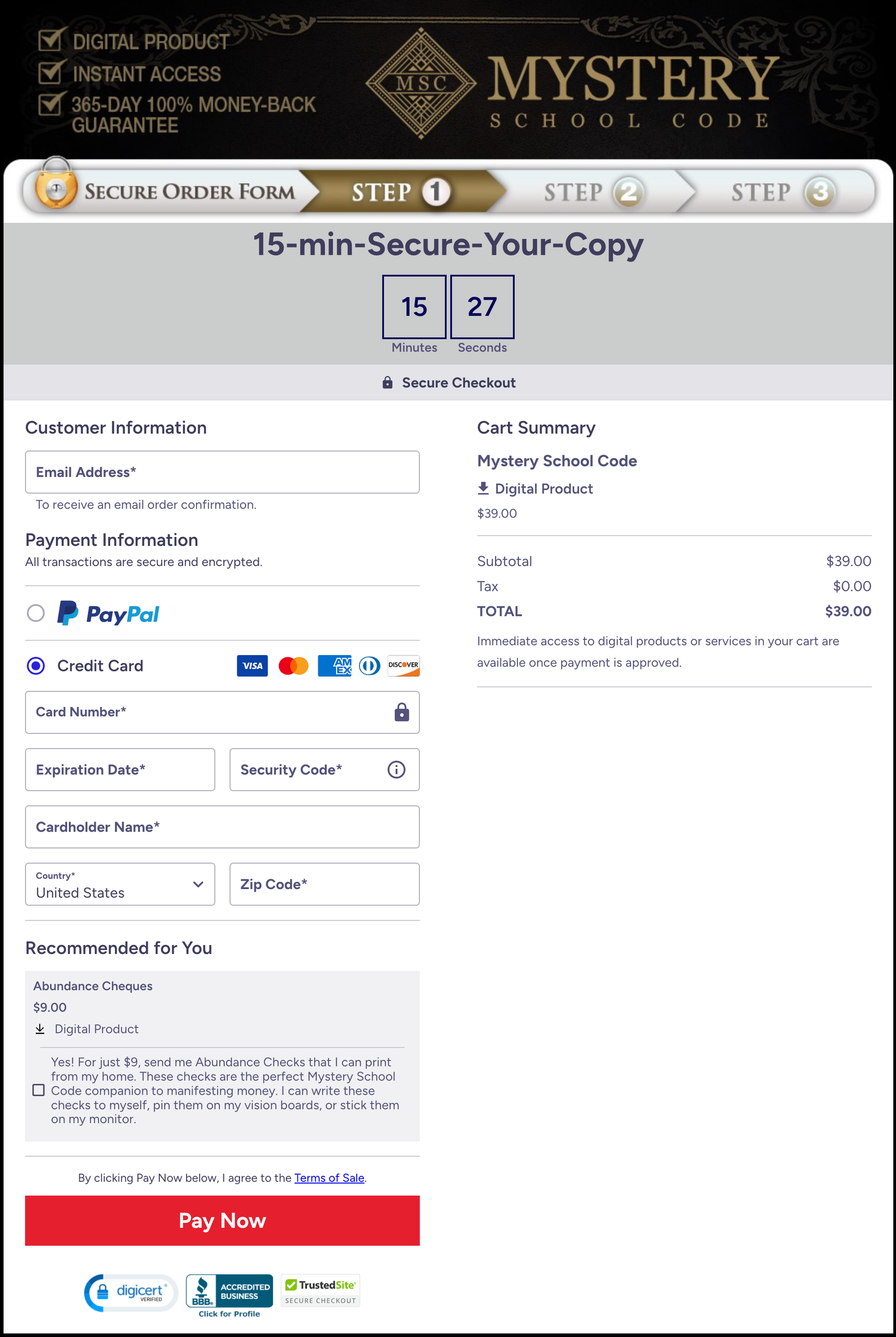 MysterySchool Code checkout page screenshot